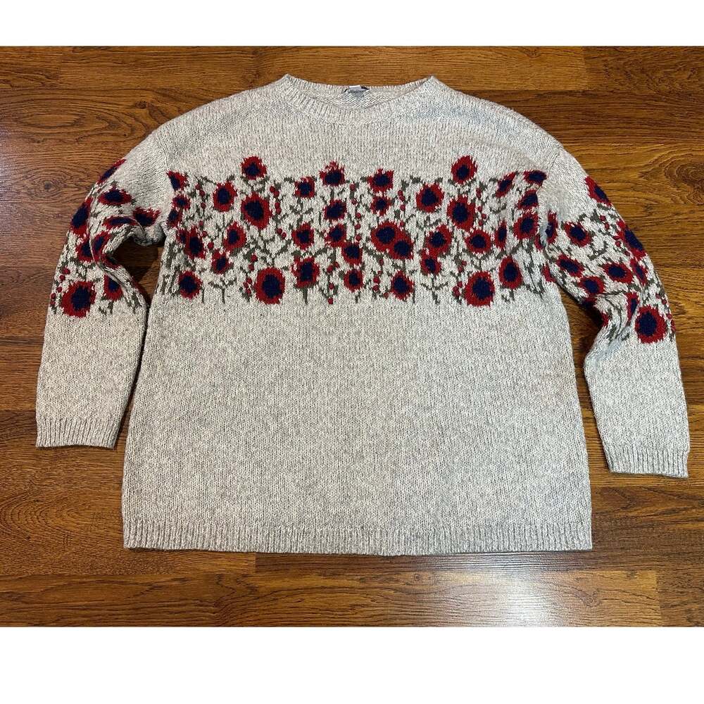 J. Jill Cozy Floral Print Knit Sweater Size Small Red Gray Crew Neck Artsy Boho